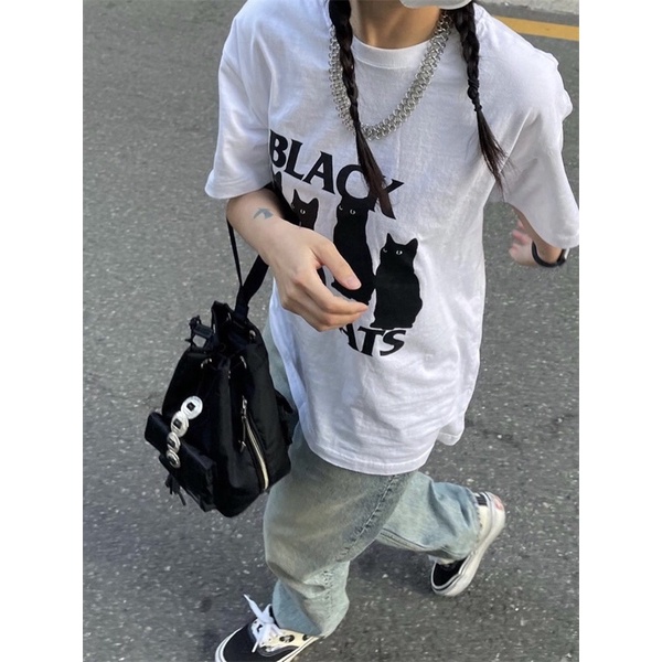 Áo thun Hàn Quốc Black Cats phong cách basic Treminal màu trắng - A036