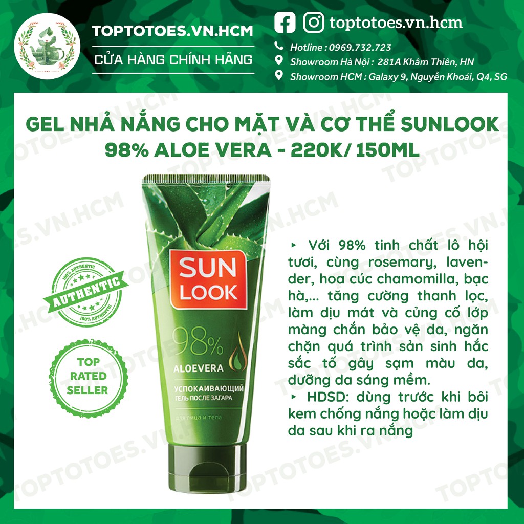 Gel nhả nắng cho mặt và cơ thể Sunlook 98% Aloe Vera làm dịu, phục hồi và bảo vệ da, cho da mịn mát, ngăn sạm màu