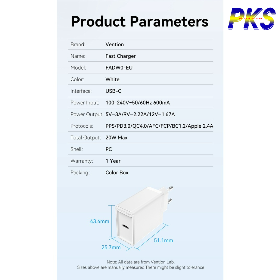 Bộ sạc nhanh 20W PD USB TYPE-C cho điện thoại Vention PADWO - Hàng chính hãng