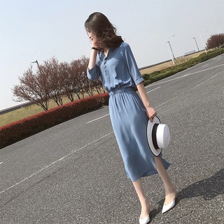 (Xả Hết) Váy xanh xẻ dài mùa thu 2019 phong cách Hàn Quốc ( sẵn màu đỏ quyến rũ)