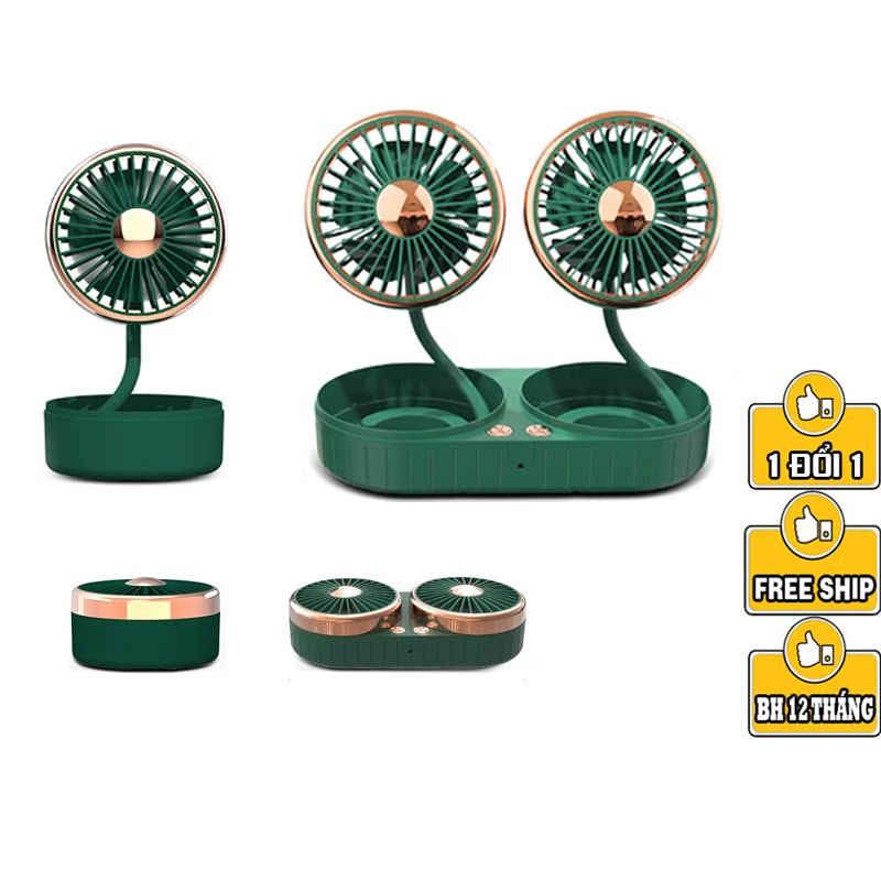 Quạt gấp gọn mini ô tô để bàn taplo đơn đôi xoay 360 độ 3 cấp gió dùng nguồn USB và pin tích điện lithium quạt để bàn