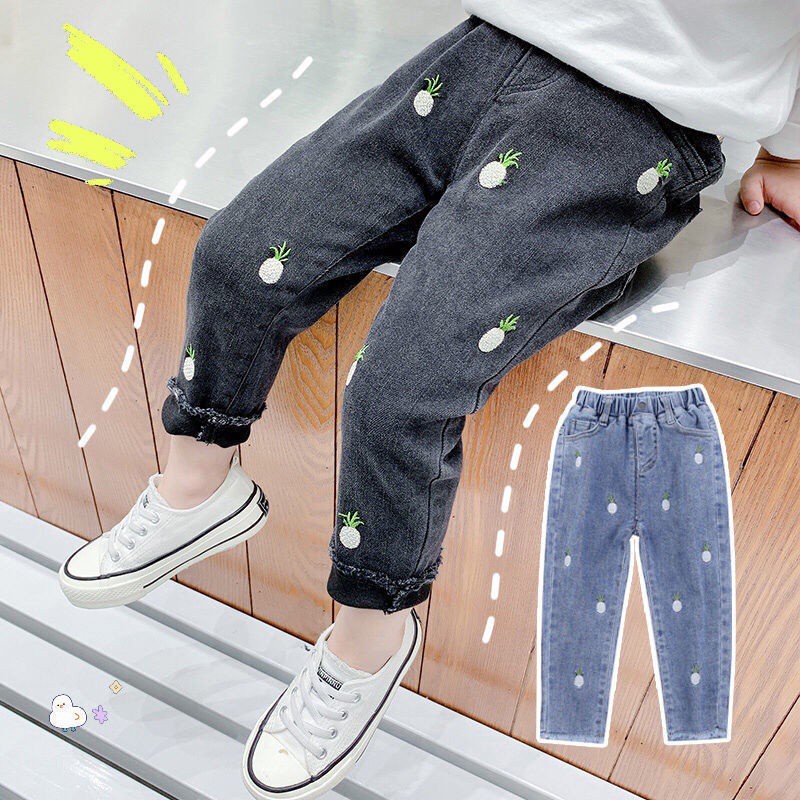 Quần jean dài dáng rộng in hoạt hình kiểu Hàn Quốc thời trang mùa hè cho bé gái