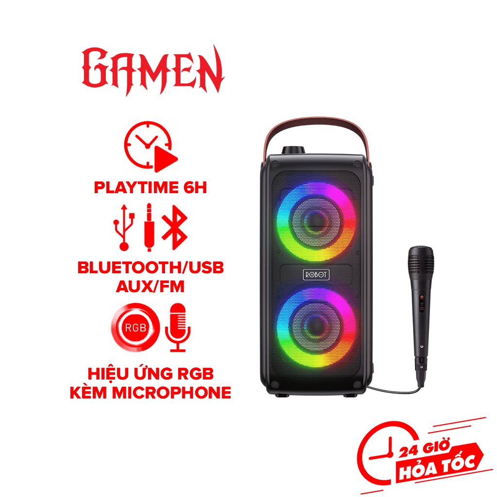 Loa Bluetooth Robot RB490 Công Suất Lớn 20W Kèm Mic Karaoke Bass Mạnh Kết Nối Thẻ Nhớ USB AUX Nghe Đài FM Đèn LED