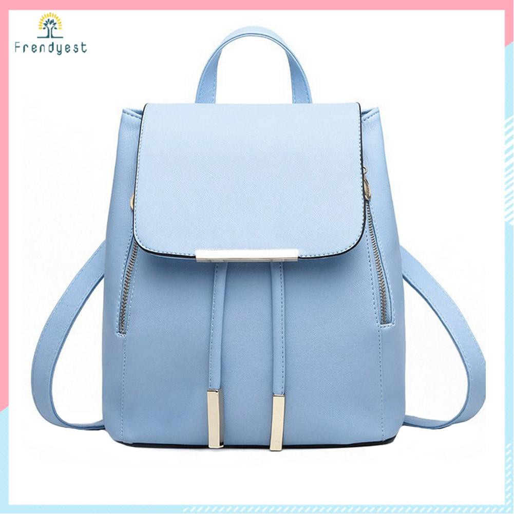 Preppy Style Women Pure Color PU Backpack Casual Ladies Drawstring Knapsack