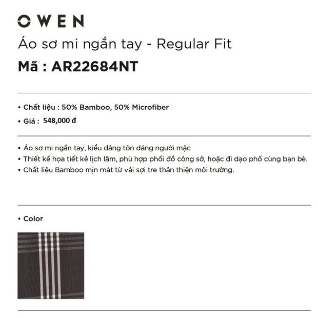 Áo Sơ Mi Nam Ngắn Tay Owen AR22684NT Somi Cộc Tay Công Sở Cao Cấp Kẻ Caro To Nâu Xám Chất Sợi Tre Regular Fit Tà Lượn