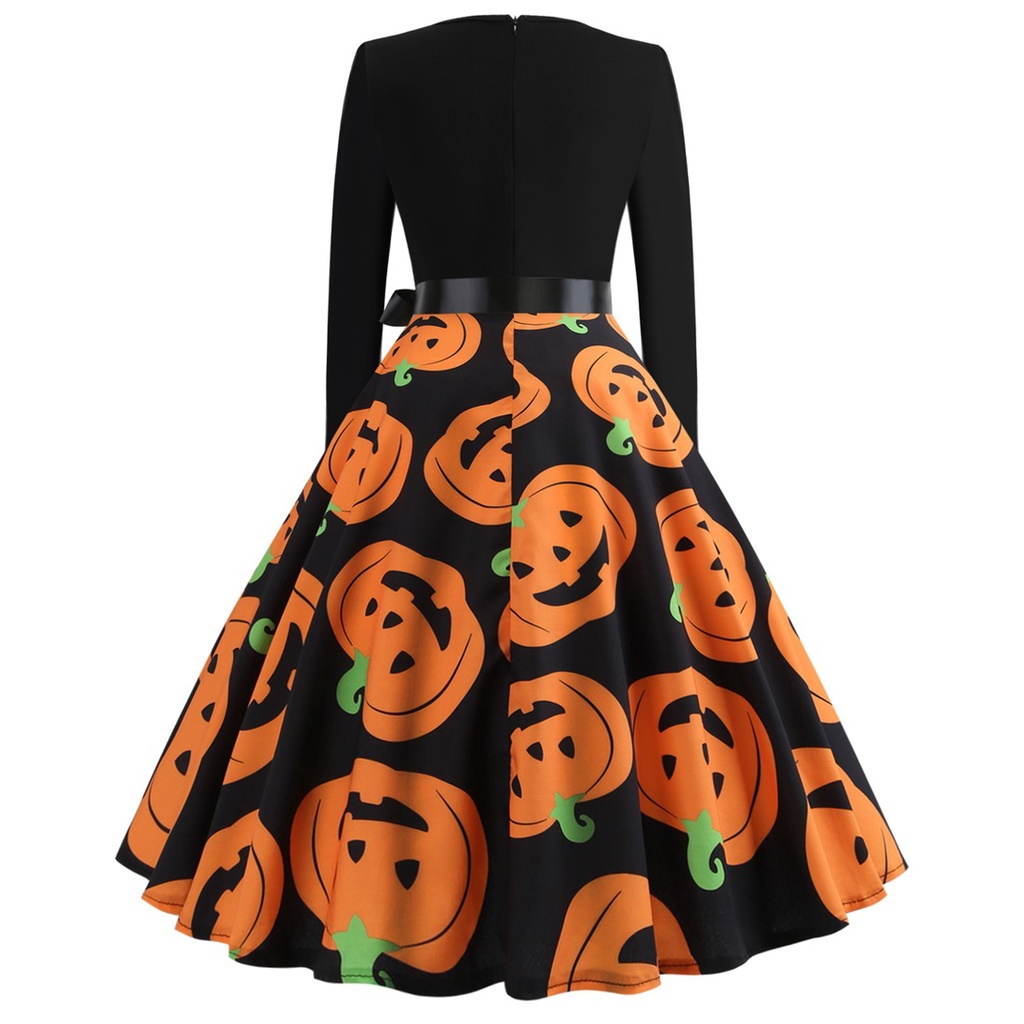 Đầm Xòe Tay Dài Cổ Tròn Màu Đen In Họa Tiết Bí Ngô Halloween Thời Trang Thu Đông Cho Nữ