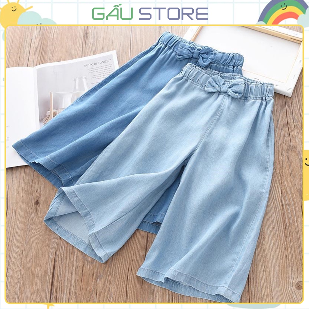 Quần bò jeans cho bé gái, quần bò ống rộng trẻ em size đại 10-55kg - Quần Bò đính nơ