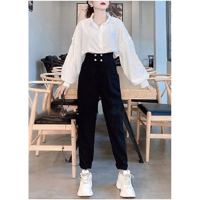 Quần ống rộng siêu cao khóa trước 2 khuy chất tuyết mưa 2 màu đen trắng cá tính