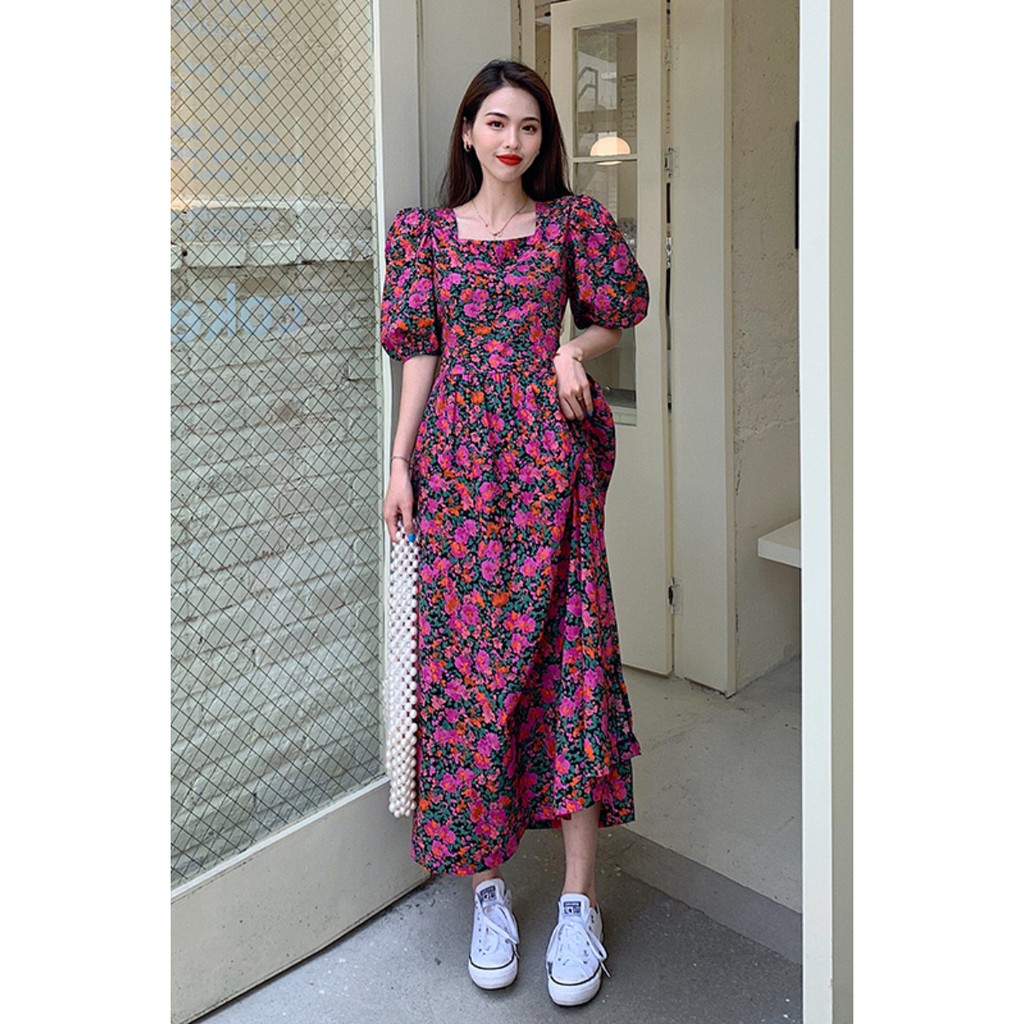 (ORDER) Váy hoa hồng sơn dầu retro dáng dài cổ vuông Vintage kiểu Pháp tay bồng tiểu thư sang chảnh