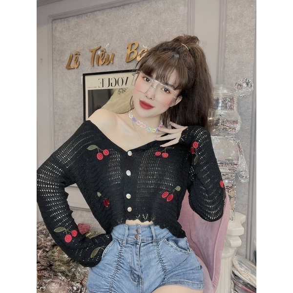 áo len cardigan dệt kim mỏng thêu cherry hot hit (73076#)