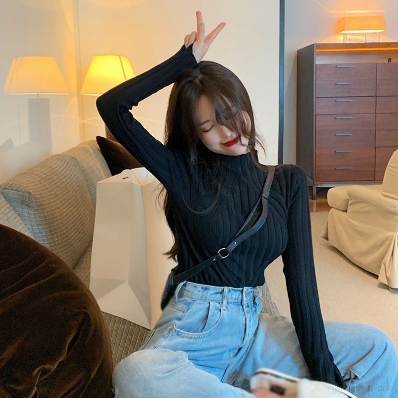 Áo Sweater Dệt Kim Cổ Lọ Phong Cách Hàn Quốc Cho Nữ