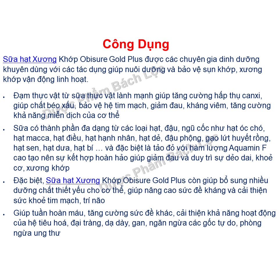 Sữa hạt Xương Khớp Obisure Gold Plus giúp nuôi dưỡng và bảo vệ sụn khớp, xương khớp vận động linh hoạt, hấp thụ tốt