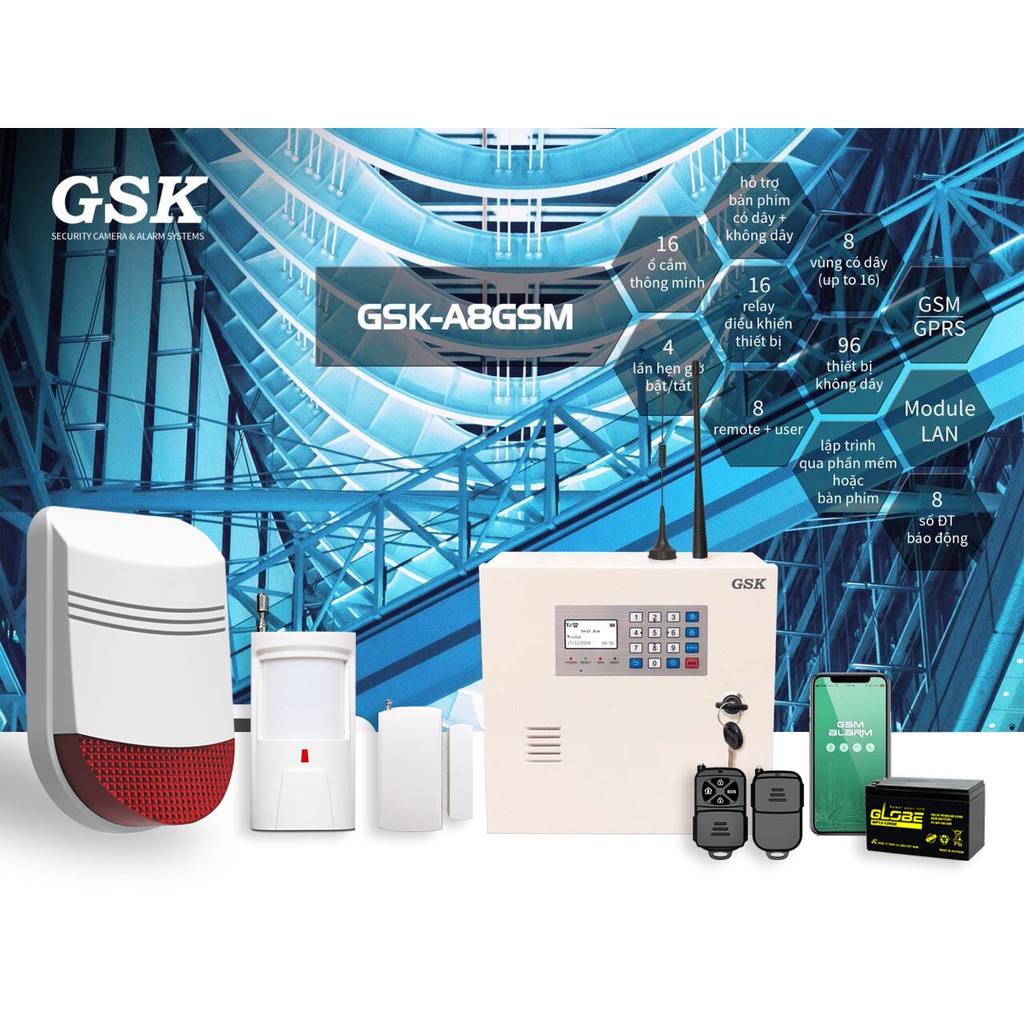 Hệ thống báo trộm thông minh không dây GSK A8 kết hợp các cảm biến báo mở cửa, báo chuyển động, loa báo động ngoài trời