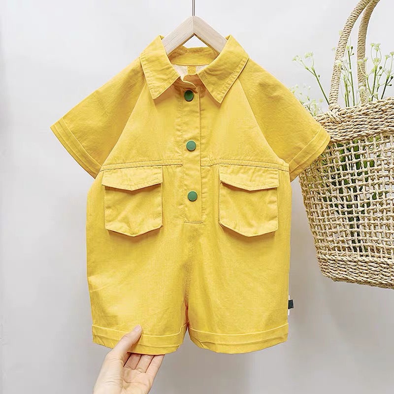 Bộ áo liền quần cotton màu trơn thời trang mùa hè Hàn Quốc mới dành cho trẻ em