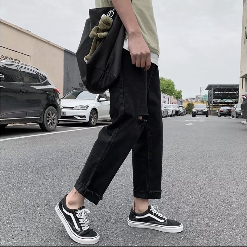 Quần Jean Baggy nam đen+ xanh sky rách gấu+ rách gối style hàn quốc 2021 | BigBuy360 - bigbuy360.vn