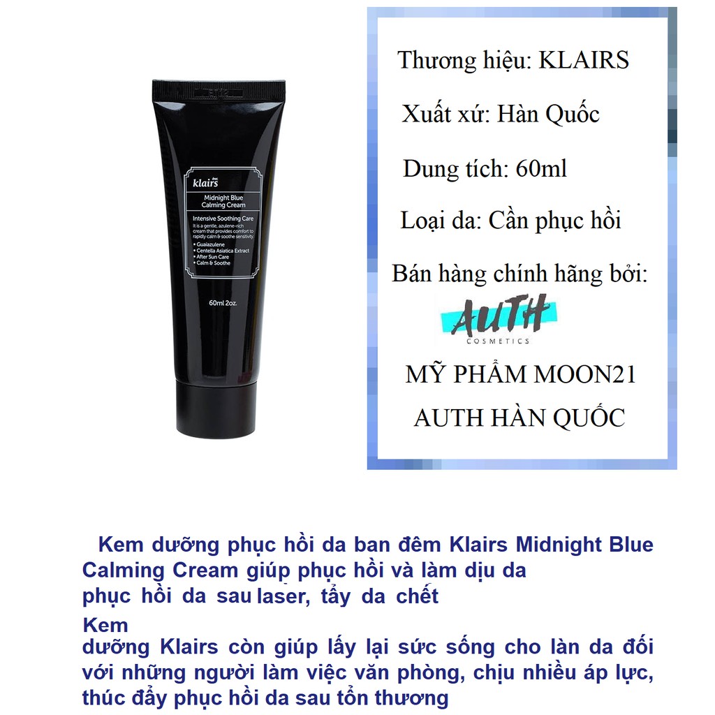 Kem Dưỡng Klairs Midnight, Kem Dưỡng Ẩm Klairs Blue Calming Cream 60g MOON21 Phục Hồi Tổn Thương Da