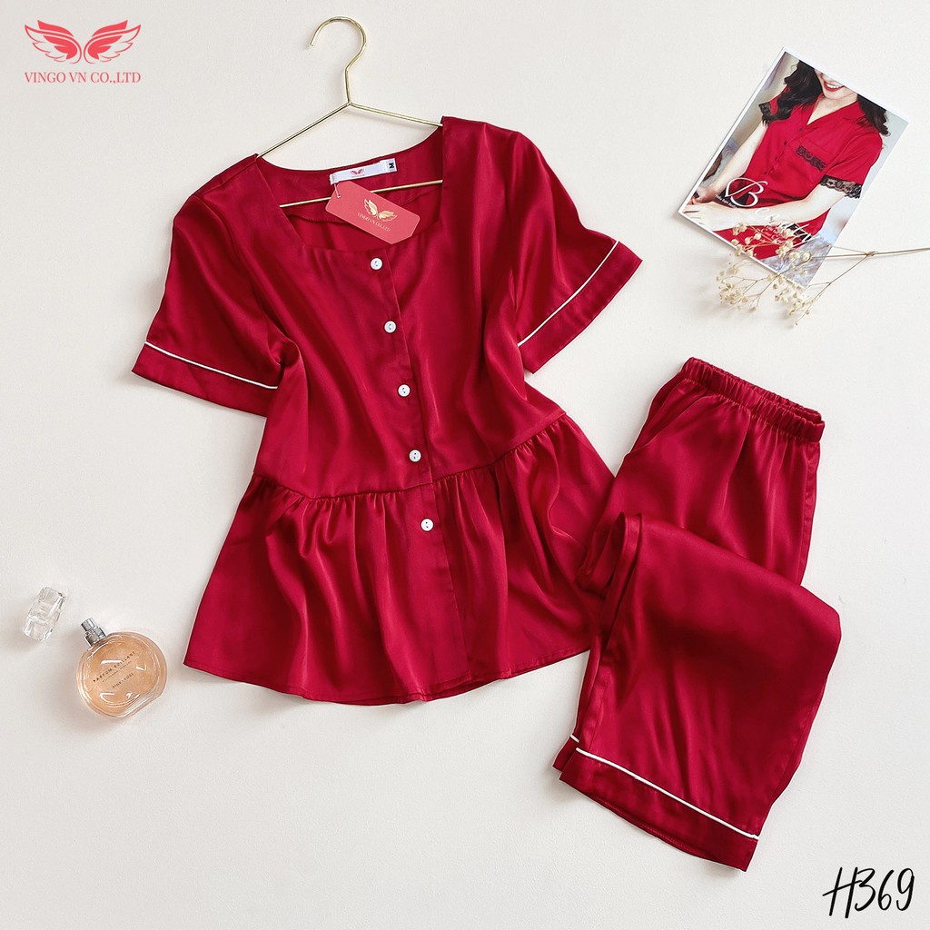 Đồ bộ nữ mặc nhà pijama nữ lụa Pháp mùa Hè mát VINGO áo tay cộc cổ vuông dáng babydoll và quần lửng thanh lịch H369 VNGO