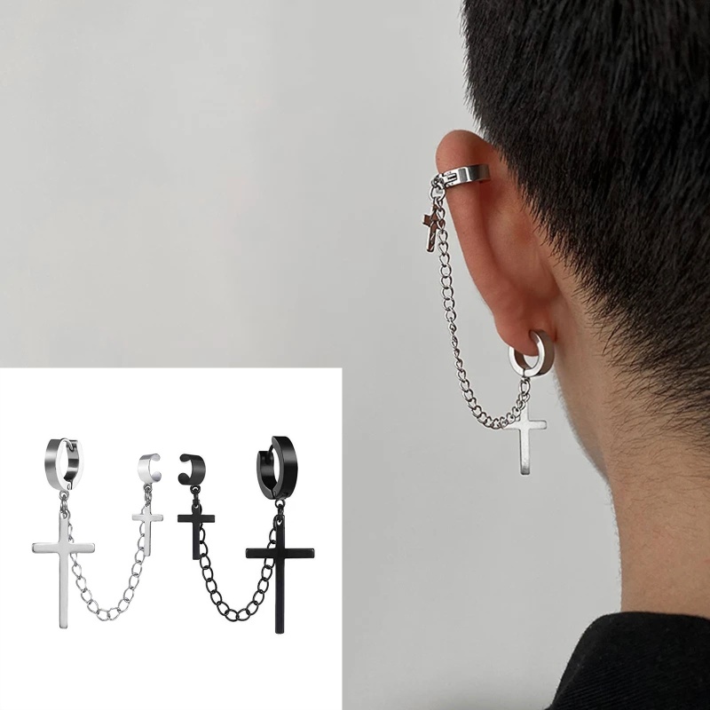 Bông Tai Dạng Kẹp Hình Chữ Thập Phối Dây Xích Tua Rua Phong Cách Punk