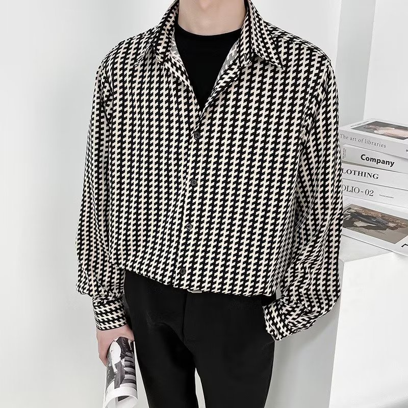 Áo Sơ Mi Lụa Lạnh Tay Dài Kẻ Sọc Ca Rô Màu Đen Có Size M-3XL Phong Cách Hàn Quốc Cho Nam Giới