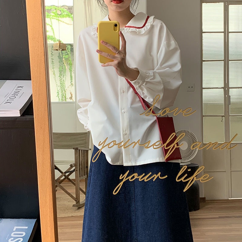 Áo Sơ Mi Trắng Tay Dài Cổ Peter Pan Phối Ren Nghệ Thuật Phong Cách Retro Thời Trang Dành Cho Nữ