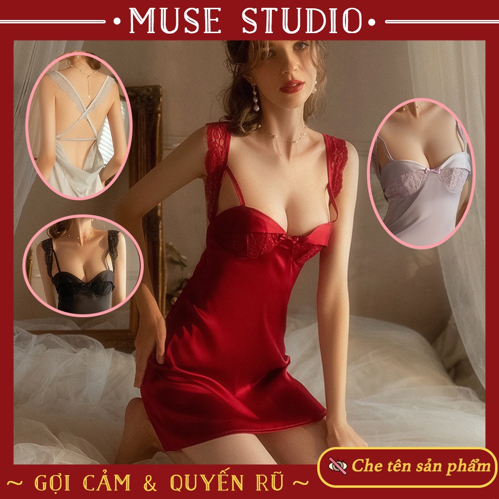 Váy ngủ sexy, Đầm ngủ gợi cảm vải satin cách điệu có đệm ngực cao cấp