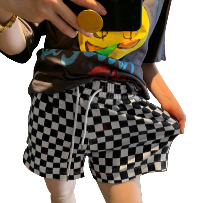 Quần Short Nữ Lưng Cao Ống Rộng Họa Tiết Caro Thời Trang