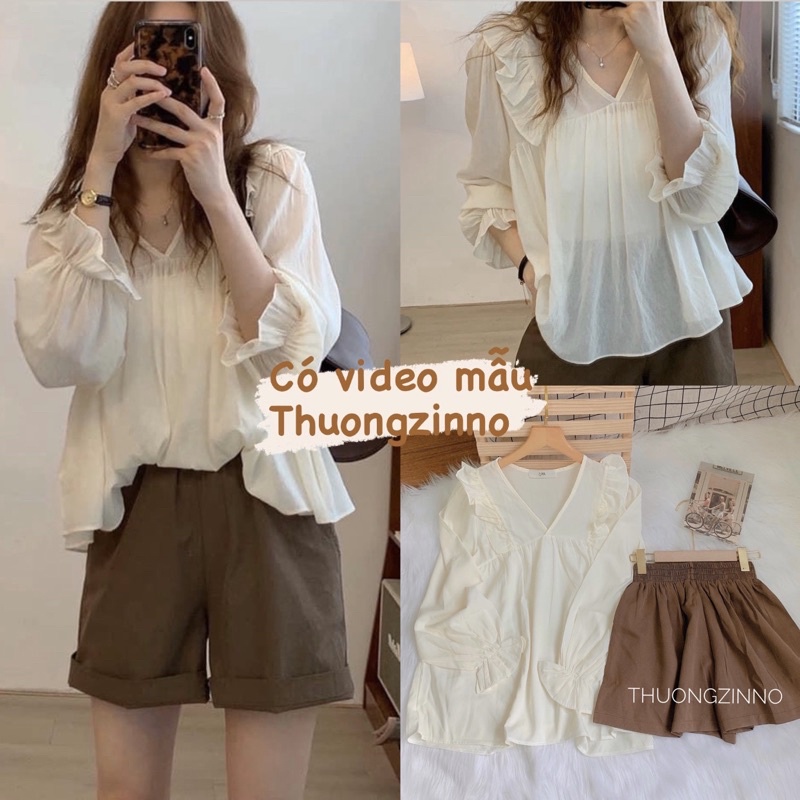 [Ảnh thật/Video]Set áo lụa nhúm bèo kèm quần nâu vintage Bộ đồ vintage nàng thơ