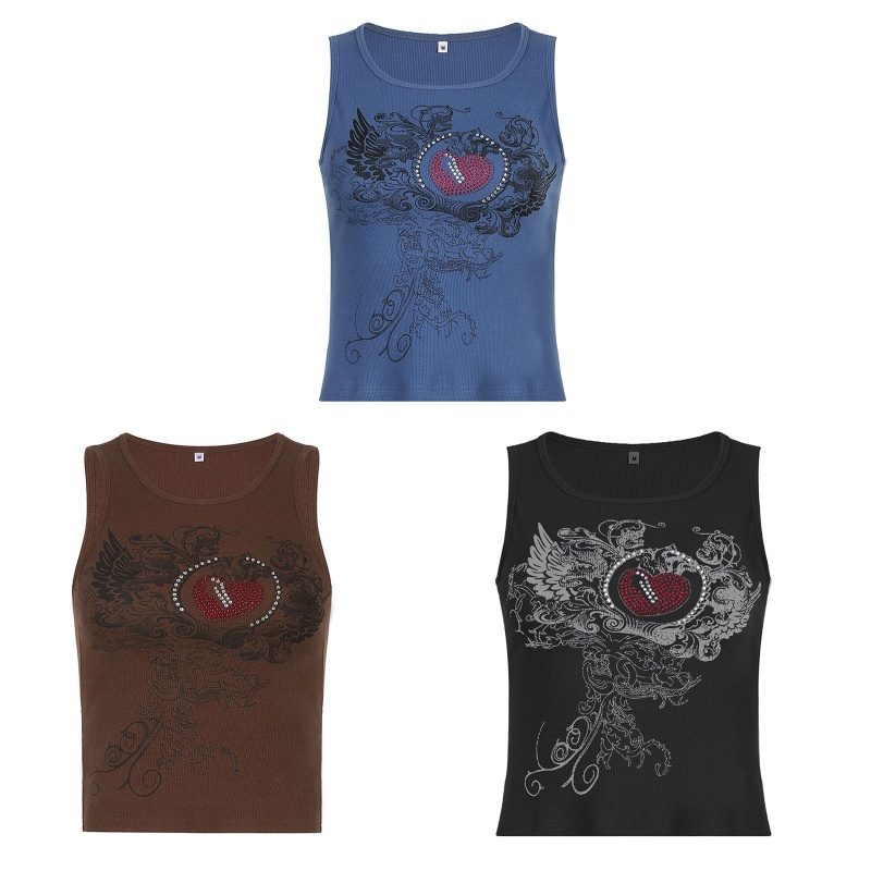 Brroa Áo Tank Top Không Tay In Hình Trái Tim Đính Đá Thời Trang Cho Nữ
