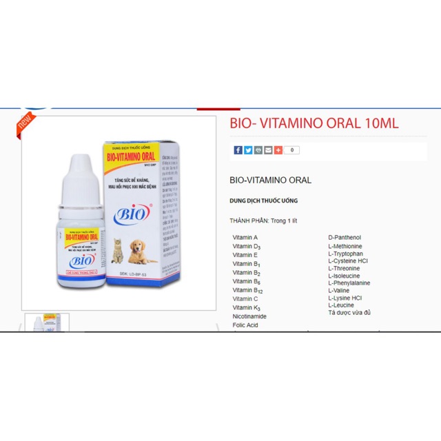 BIO VITAMINO TĂNG SỨC ĐỀ KHÁNG CHO PET THÚ CƯNG CHÓ MÈO chai 10ml