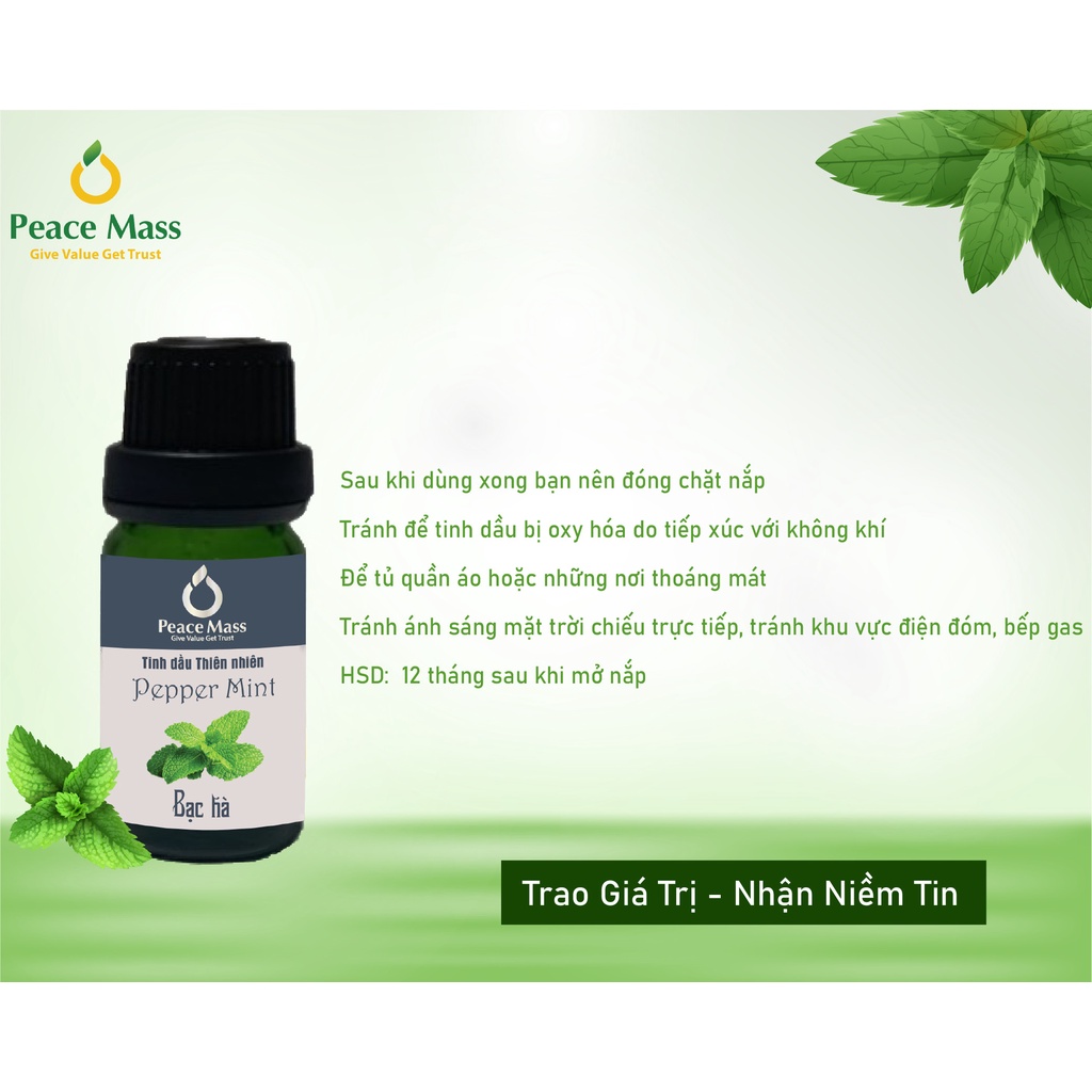 [Mã BMBAU50 giảm 10% đơn 99k] [FREESHIP] Tinh Dầu Bạc Hà Peace Mass 10ml Dùng Cho Máy - Peppermint