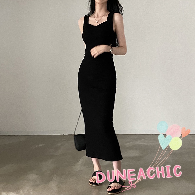 DUNEA Đầm Cổ Vuông Màu Trơn Thời Trang Dành Cho Nữ