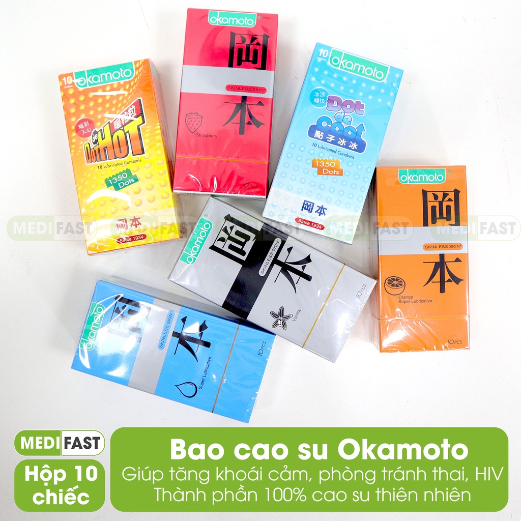 Bao cao su Okamoto siêu mỏng, gân gai, nhiều gel - đủ vị kéo dài thời gian quan hệ, chống xuất tinh sớm - giao hàng kín