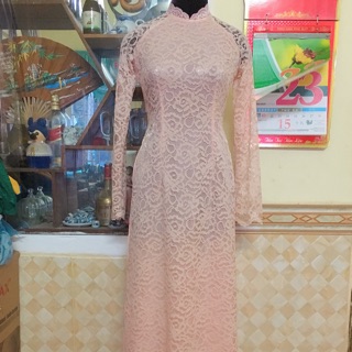 Áo Dài Truyền Thống Ren thiết kế, cô dâu, cưới màu hồng cam