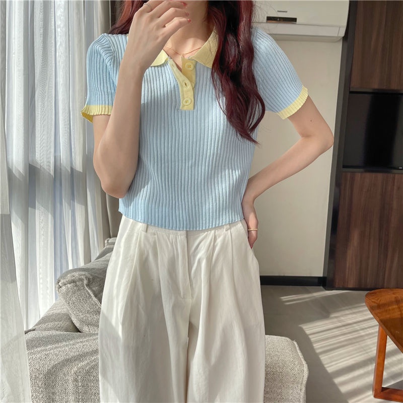 Áo thun dệt kim IELGY tay ngắn cổ polo dáng ôm thời trang cho nữ