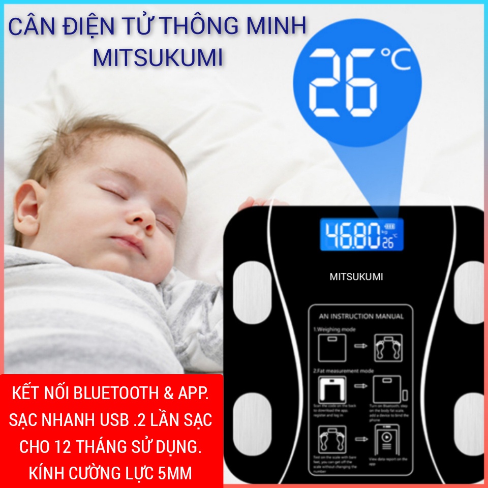 Cân điện tử sức khỏe MITSUKUMI, Cân điện tử bluetooth đo chỉ số cơ thể Tặng Thước dây + cáp sạc USB [ bảo hành 12 tháng]