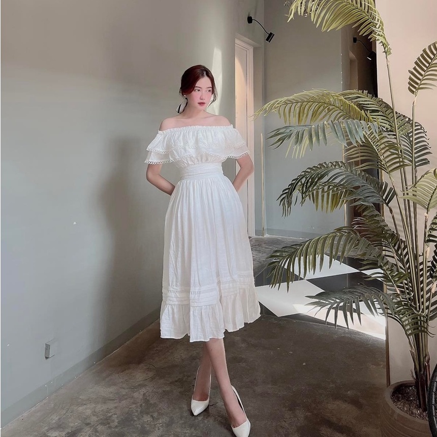 [Ảnh thật] Set áo trễ vai bèo chân váy midi viền ren siêu xinh