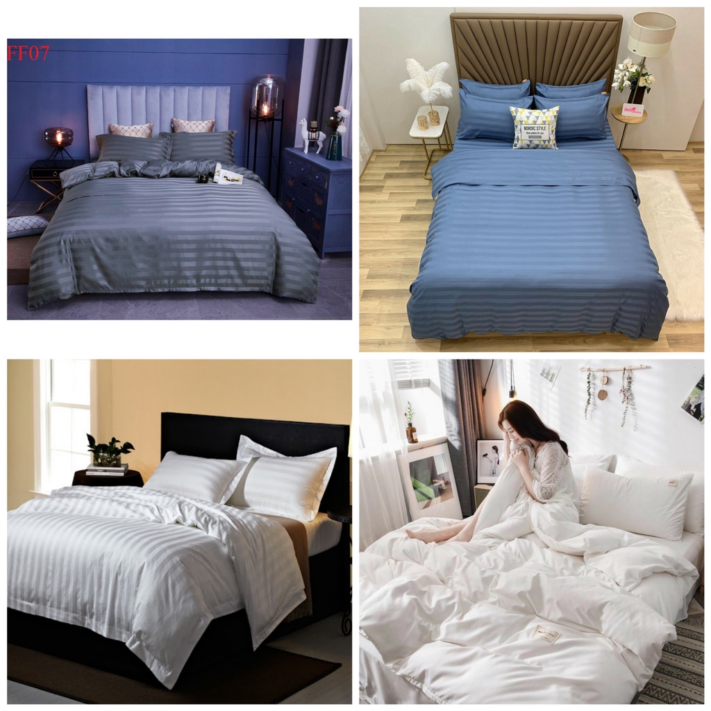 Bộ chăn ga gối 5 món, drap giường cotton sọc 3 phân khách sạn cao cấp [ Mua 2 bộ tặng vỏ gối ôm]
