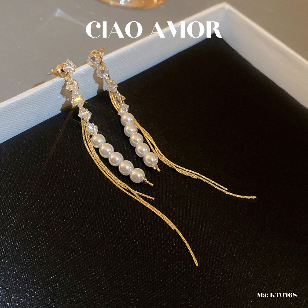 Khuyên tai nữ, Bông tai dài bạc 925 hai mảng dính ngọc bling dự tiệc sang trọng Trang sức Ciao Amor - KT0468