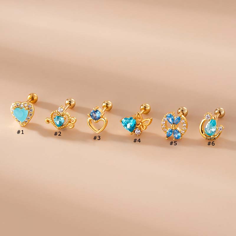 1 Khuyên Xỏ Sụn Tai Bằng Thép Không Gỉ Đính Đá Zircon Xanh Hình Trái Tim Chống Helix