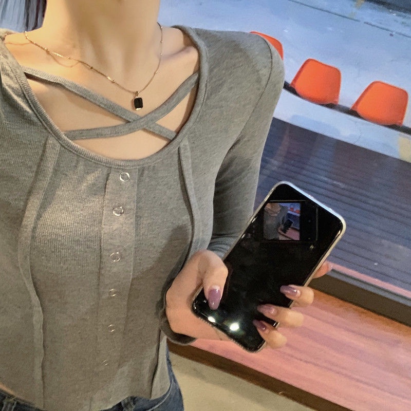 Áo Thun Lửng Tay Dài Cổ Vuông Thời Trang Quyến Rũ Cho Nữ