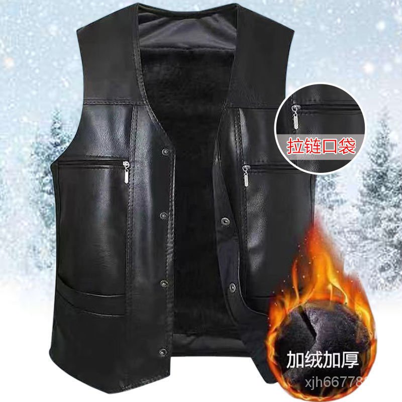 Áo Khoác Da Không Tay Lót Nhung Dày Giữ Nhiệt Thời Trang Thu Đông Cho Nam Trung Niên