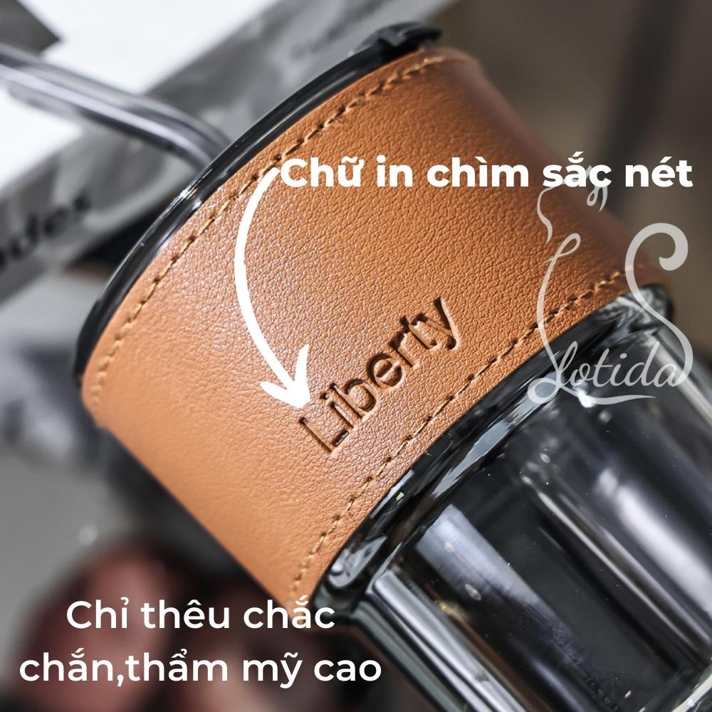 Ly uống nước thuỷ tinh bọc da màu hổ phách có nắp kèm ống hút dễ thương 450ML,Cốc thuỷ tinh cute uống cà phê LOTIDA