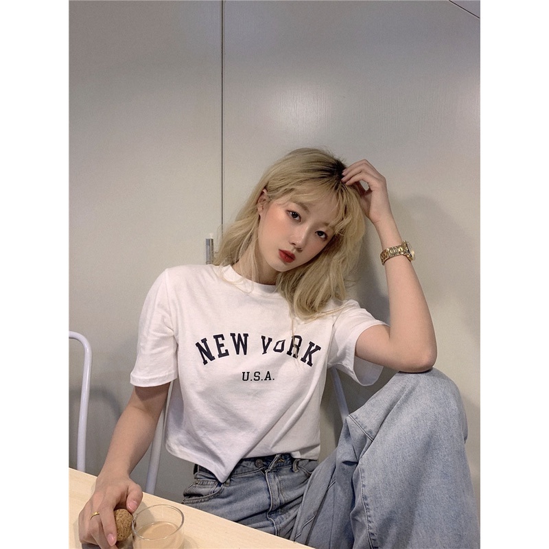 Áo Thun Crotop Form Rộng In Chữ NEW YORK Kiểu Hàn Quốc Cá Tính TTT0014