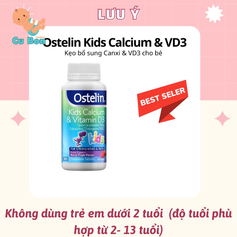 Canxi và Vitamin D3 Ostelin kids 90 viên cho bé từ 2 tuổi hấp thu canxi phát triển hệ xương vững chắc chống còi xương