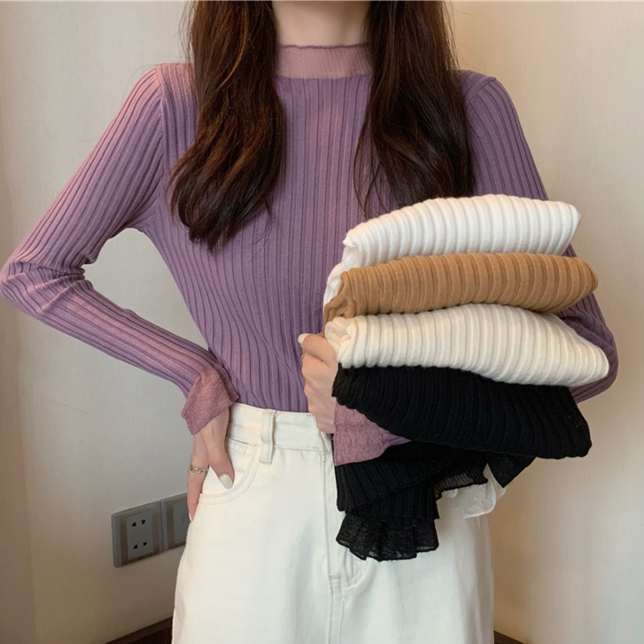 Áo dệt kim màu trơn cổ tròn phối ren kiểu tay dài trẻ trung xinh xắn