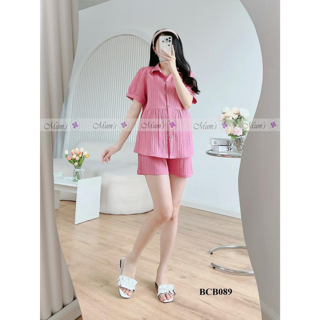 &quot;Đồ bộ mặc bầu và sau sinh FREESHIPBCB089-Bộ gân hồng cổ bẻ