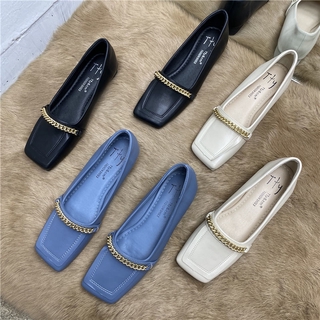 Giày Lười Da Đế Thấp Mũi Vuông Miệng Nông Phối Dây Xích Kim Loại Kiểu Retro Thời Trang Mùa Xuân 2021