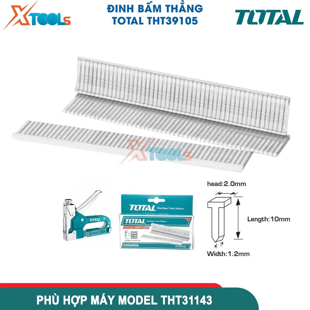 Đinh bấm thẳng 10mm TOTAL THT39105, số lượng 5000 cái/hộp,đầu đinh 2.0mm, chiều rộng 1,2mm thích hợp -CHÍNH HÃNG-XTOOLS