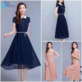 Đầm dự tiệc xoè nhẹ tay ngắn phối cổ thắt dây eo