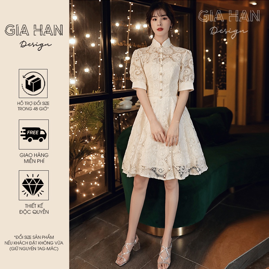 Váy Đầm ren tiểu thư cổ cao đính khuy GH-202203-V15